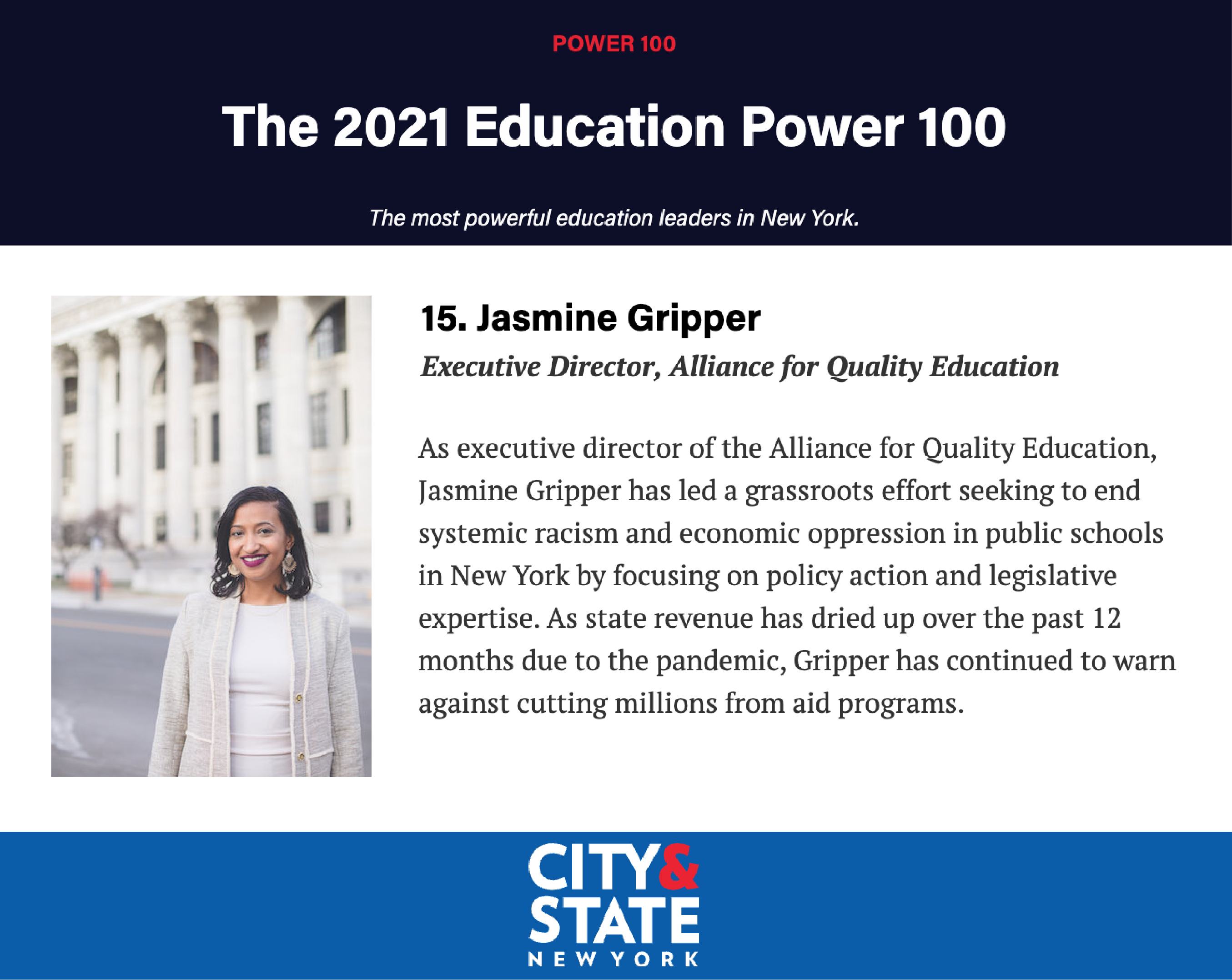 AQE's Jasmine Gripper Recognized in City & State Education Power 100 1